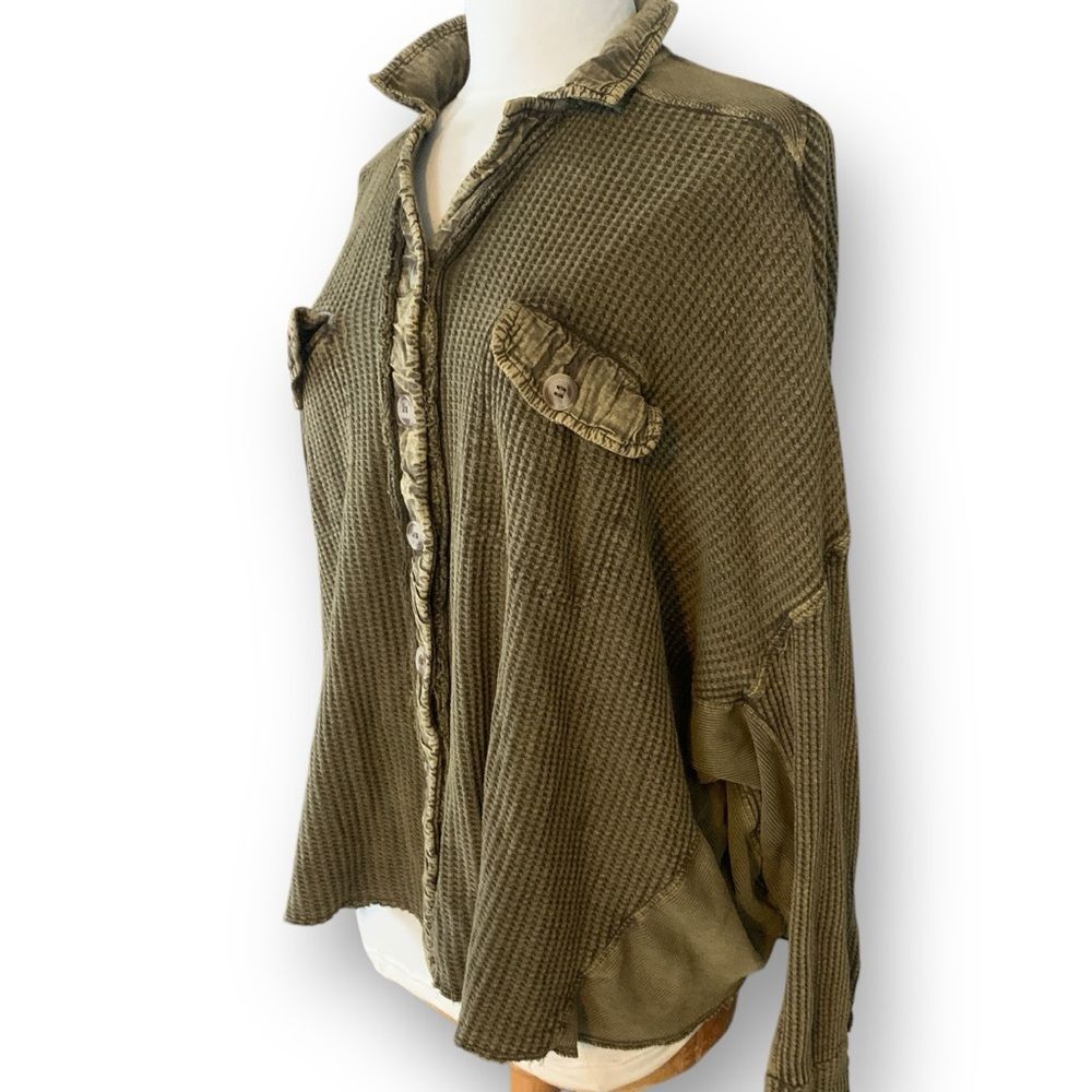 FP Free People Scout Jacket Waffle Knit Oversized Layering Shirt Green Small - Picture 8 of 16